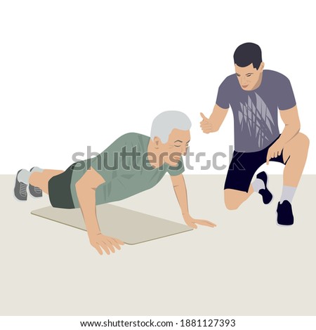 Personal trainer, senior citizen doing exercises to strengthen muscles - vector. Activity for the elderly