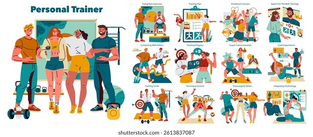 Personal Trainer set. Fitness coach team works with clients on strength, progress tracking, training plans, motivation, exercise technique, emotional support and adapting workouts. Vector illustration
