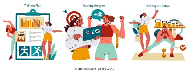 Conjunto de instrutores pessoais. Planejamento de aptidão e exercícios estruturados para o progresso efetivo. Monitorar rotinas de exercícios, acompanhar conquistas e orientação técnica durante as sessões de ginástica ou em casa. Vetor