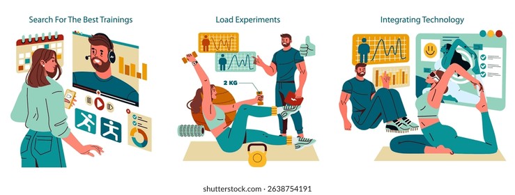 Personal Trainer set. Online individual sessions, modern fitness coaching, and workout tracking. Tablet and screens support strength exercises, flexibility training and professional sports advice