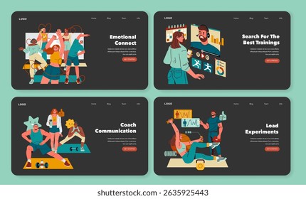 Personal Trainer set. Team exercising together, online fitness classes, effective coach support and workout tracking, positive communication and training results. Vector illustration.
