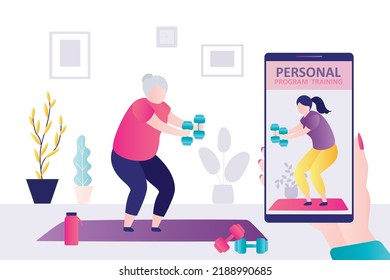 Entrenador personal mostrando a las ancianas cómo sentarse con campanas de púas. Abuela haciendo actividad física con pesos. La anciana va a los deportes según un programa individual. Ilustración del vector