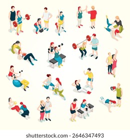 Personal trainer sport icons real people young adult equipment endurance success happy 3d healthy lifestyle weight help body care smiling bodycare teamwork coaching wellbeing fitness instructor