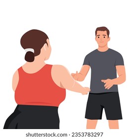 Personal Trainer or Sports Instructor. Fat woman workout with fitness instructor. Flat vector illustration isolated on white background