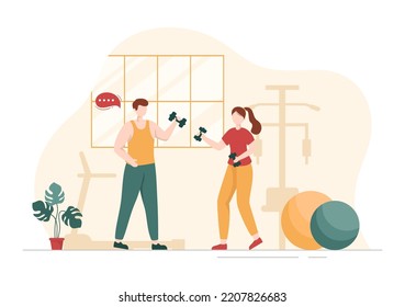 Personal Trainer or Sports Instructor Hand Drawn Cartoon Flat Illustration Template with Working Helping Stretch, Fitness and Correct Posture