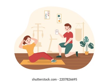 Personal Trainer or Sports Instructor Hand Drawn Cartoon Flat Illustration Template with Working Helping Stretch, Fitness and Correct Posture