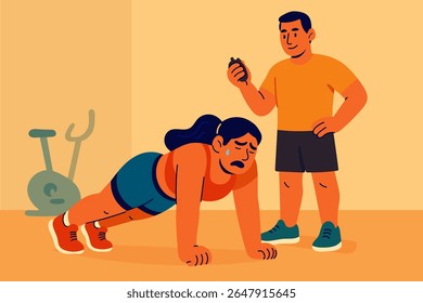 Personal trainer supervising exhausted woman doing push-ups