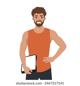 Personal Trainer Takes Notes On Clipboard. Flat vector illustration isolated on white background