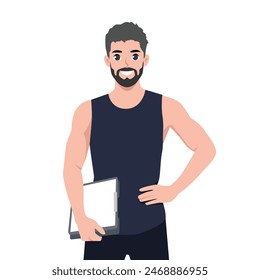 Personal Trainer Takes Notes On Clipboard. Flat vector illustration isolated on white background