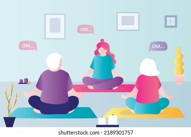 Personal trainer teaching yoga to elderly couple. Coach with grandparents meditating in gym. Old people relax in lotus position while practicing yoga. Individual fitness classes. Vector illustration