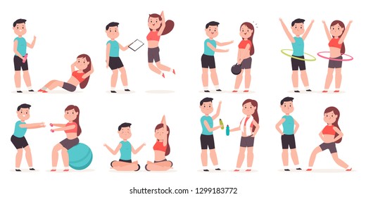 Personal trainer with a young girl doing fitness exercises. Vector cartoon couple man and woman character set isolated on white background. Healthy lifestyle and sport illustration.