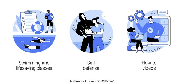 Personal training abstract concept vector illustration set. Swimming and lifesaving classes, self defense, how-to videos, pool instructor, martial arts, interactive online learning abstract metaphor.