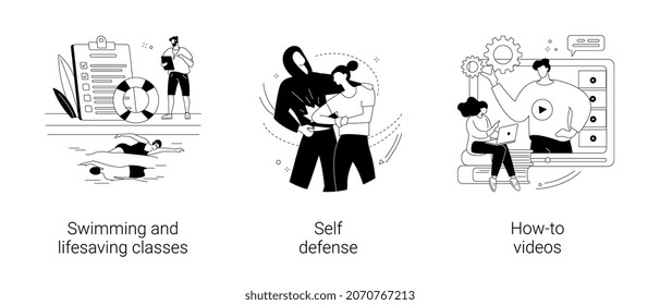 Personal training abstract concept vector illustration set. Swimming and lifesaving classes, self defense, how-to videos, pool instructor, martial arts, interactive online learning abstract metaphor.