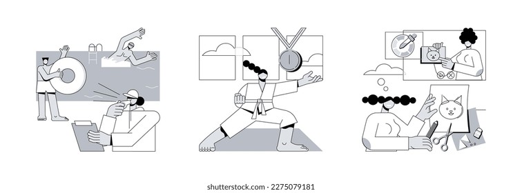 Personal training abstract concept vector illustration set. Swimming and lifesaving classes, self defense, how-to videos, pool instructor, martial arts, interactive online learning abstract metaphor.