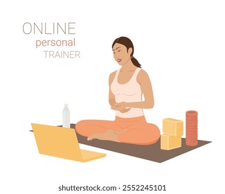 Personal training with an instructor online. Individual training and teaching of fitness, yoga, pilates, stretching and a healthy lifestyle in general including exercise, diet, body care. Flat vector 