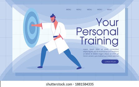 Diseño de la página de inicio de entrenamiento personal. Artes Marciales. Efecto de partícula de patada. Derrota objetivo. Fuerza mental y desarrollo corporal. Caricaturista en Kimono Practicando Karate. Ilustración plana vectorial