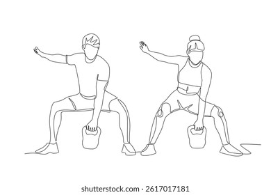 Personal training provides directions for squat movements with kettlebells. Personal training concept one-line drawing