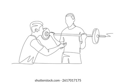 Personal training provides guidance on lifting barbells. Personal training concept one-line drawing
