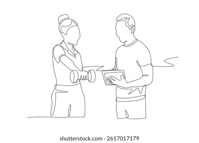 Personal training provides instructions for lifting dumbbells. Personal training concept one-line drawing