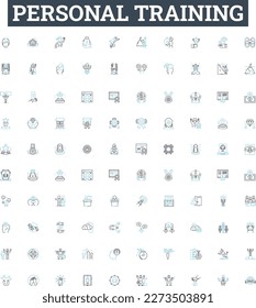 Juego de iconos de línea vectorial de entrenamiento personal. Personal, Entrenamiento, Fitness, Ejercicio, Entrenamiento, Entrenamiento, Ilustración de la ilustración del instructor, símbolos y signos del concepto