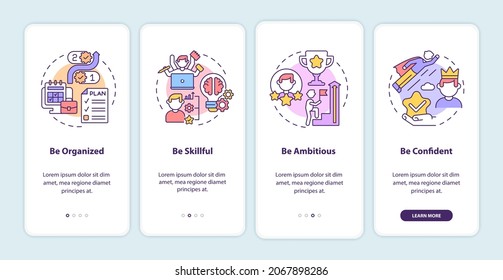 Personal traits for career advancement onboarding mobile app page screen. Success walkthrough 4 steps graphic instructions with concepts. UI, UX, GUI vector template with linear color illustrations