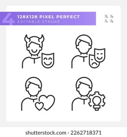 Ajustes de imagen de píxeles perfectos ajuste de iconos lineales. Cuidador y creador. Rasgos de personalidad. Teoría psicoanalítica. Símbolos de línea delgada personalizables. Ilustraciones aisladas del contorno vectorial. Trazo editable