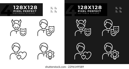 Persönliche Eigenschaften Pixel perfekte lineare Symbole gesetzt für dunklen, hellen Modus. Betreuer und Schöpfer. Psychoanalytische Theorie. Dünne Liniensymbole für Nacht, Tagesthema. Einzige Illustrationen. Bearbeitbarer Hub