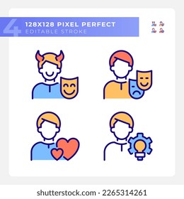 Personal traits pixel perfect RGB color icons set. Caregiver and creator. Personality. Psychoanalytic theory. Isolated vector illustrations. Simple filled line drawings collection. Editable stroke