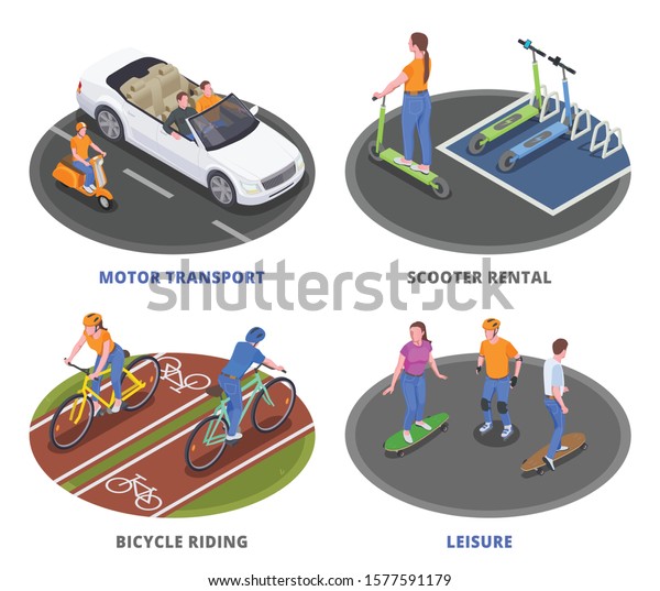 Personal transport 2x2 isometric design\
concept with people riding bicycle scooter skateboard and driving\
car 3d isolated vector\
illustration
