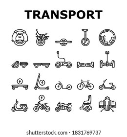 Vector de conjunto de iconos de colección de transporte personal. Motocicletas Y Bicicletas, Motocicletas Y Bicicletas, Monótopos Eléctricos Y Portafolios De Transporte De Pizarra Ilustraciones De Contorno Negro