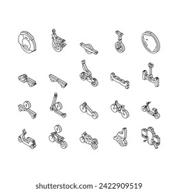 Personal Transport Collection isometric icons set. Scooter And Bicycle, Motorbike And Bike, Electric Monowheel And Hoverboard Transport Concept Linear Pictograms. Color Contour .