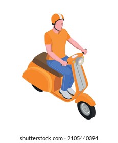 Personal transport icon with man in orange helmet riding motor scooter isometric vector illustration