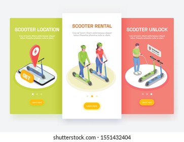 Personal transport isometric banners set with people riding and renting electric scooters 3d isolated vector illustration