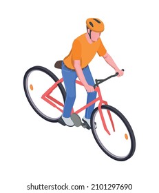 Personal transport isometric icon with male character in helmet riding bike 3d vector illustration