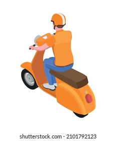 Personal transport isometric icon with male character riding motor scooter back view 3d vector illustration