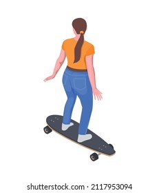 Personal transport isometric icon with woman riding skateboard back view vector illustration