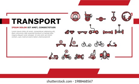 Personal Transport Landing Web Page Header Banner Template Vector. Scooter And Bicycle, Motorbike And Bike, Electric Monowheel Transport Illustration