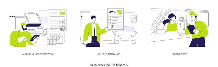 Conjunto de Ilustración vectorial de concepto abstracto de mantenimiento de transporte personal. Inspección anual de vehículos, servicio de diagnóstico de automóviles, seguro de automóvil, controles policiales de carretera, metáfora abstracta de registro de vehículos.