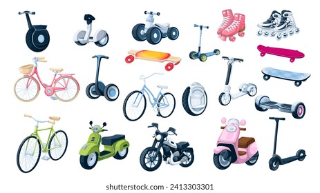 Personal transport and sports accessory for city ride set vector illustration. Cartoon isolated electric, motor and kick scooters, bikes and skateboards, roller skates, transport of kids and adults
