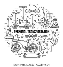 Personal transportation devices - bicycle, electrical scooter, hover-board, long-board, onewheel, kick-scooter and others. Vector illustrations in modern line flat style. Elements for web, booklet.