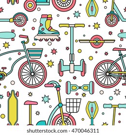 Personal transportation devices - bicycle, electrical scooter, hover-board, long-board, onewheel, kick-scooter and others. Vector illustrations in modern line flat style. Seamless pattern for design.