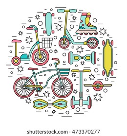 Personal transportation devices - bicycle, electrical scooter, hover-board, long-board, onewheel, kick-scooter and others. Vector illustrations in modern line flat style. Elements for web, booklet.