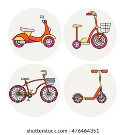 Personal transportation devices - bicycle, electrical and kick scooter. Vector illustrations in modern line flat style. Elements for web, booklet. Transport concept design. 