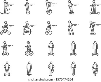 Personal transportation icon set. Included icons as skateboard, longboard, People riding, electric mono wheel, kick scooter and more.