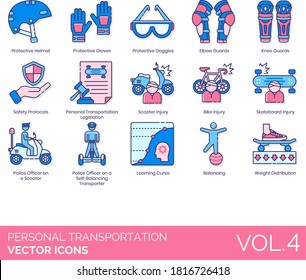 Personal transportation icons including protective helmet, gloves, goggles, elbow, knee guard, safety protocols, legislation, bike injury, skateboard, police officer on a scooter, weight distribution.