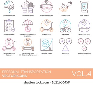 Personal transportation icons including protective helmet, gloves, goggles, knee guard, safety protocols, legislation, bike injury, skateboard, self-balancing transporter, learning curve, balancing.