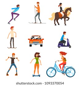 Personal transportation vehicles set, people on the street cartoon vector Illustration on a white background