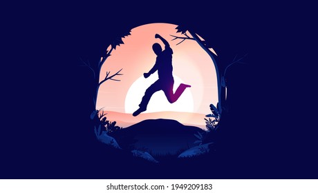 Triunfo personal - Ilustración vectorial del hombre saltando frente al sol súper feliz de alcanzar objetivos de vida. Concepto de autodesarrollo.