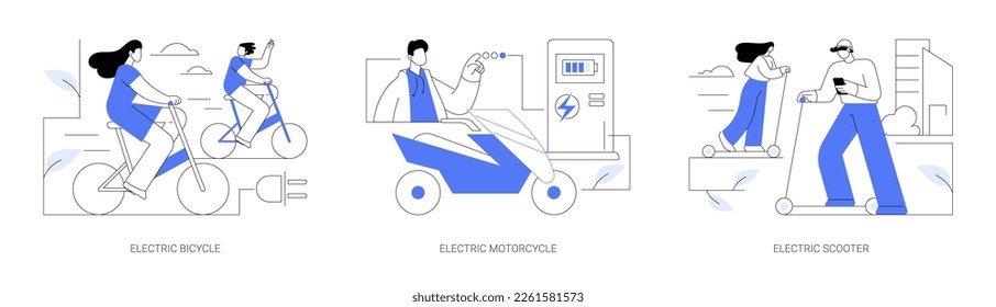 Personal urban transport abstract concept vector illustration set. Electric bicycles and motorcycles rental, riding electric scooter, modern eco-friendly city personal transport abstract metaphor.