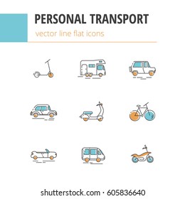 Personal urban transport. Flat linear vector icons with the addition of color.
